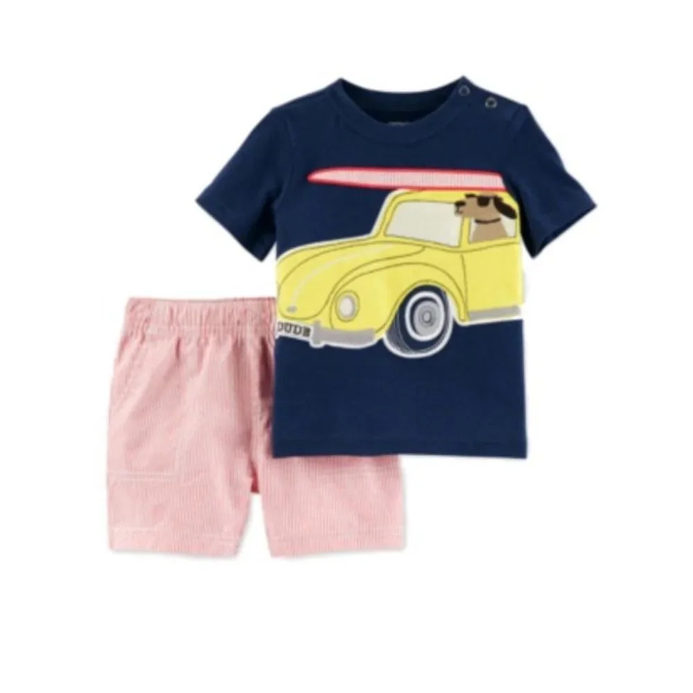 Carter's Baby Boy Car Shirt & Striped Shorts Surf Dog Outfit Set in Size 6M